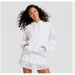 2pcs JoyLab  Lace Trim French Terry Hooded Sweatshirt & Skort - White Medium